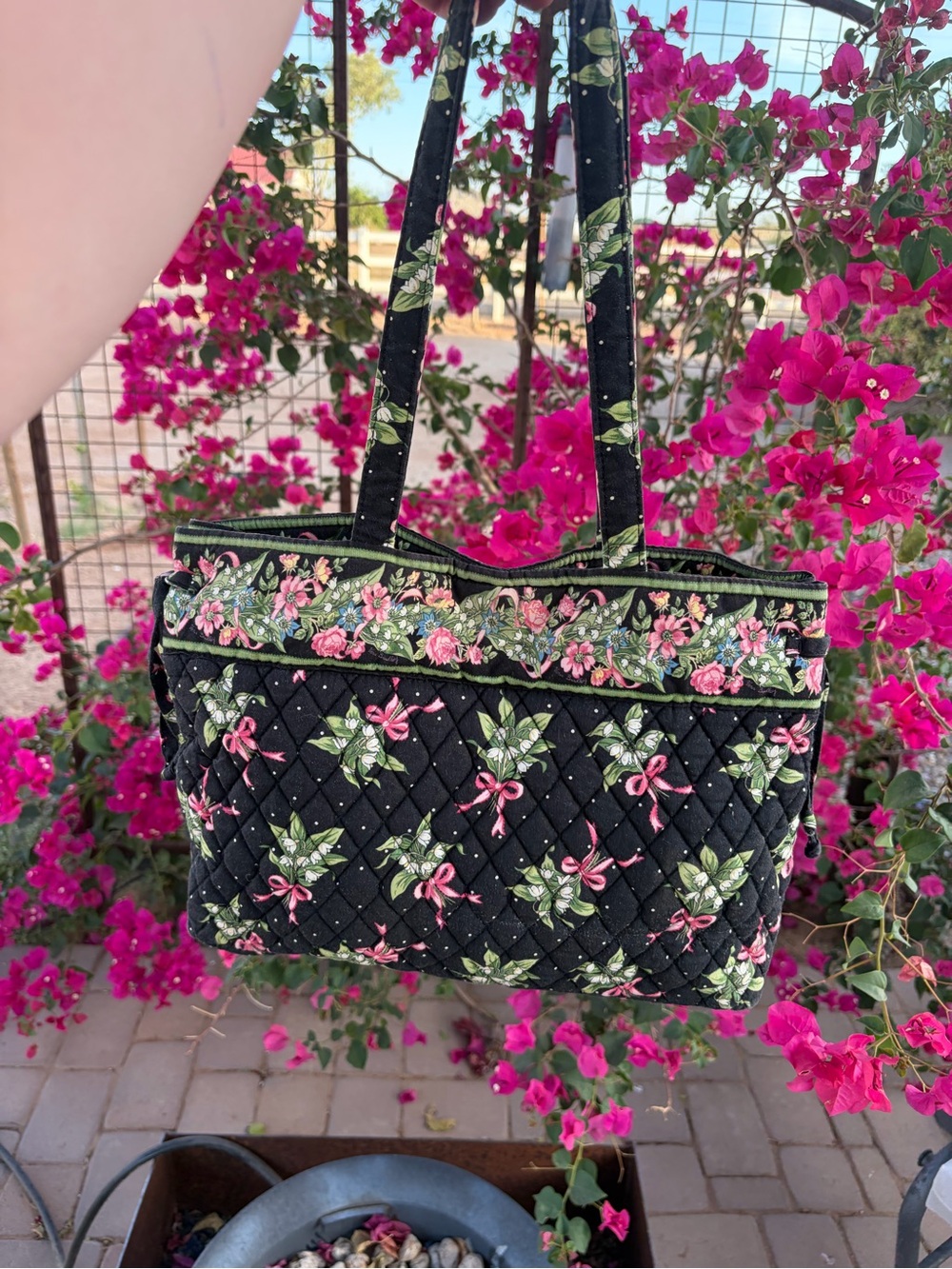 Vera Bradley Quilted Floral Tote Bag - Black with Pink & Green